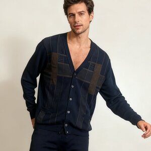 Montechiaro Men’s Cardigan Size 52 Black Brown V-Neck Button Sweater